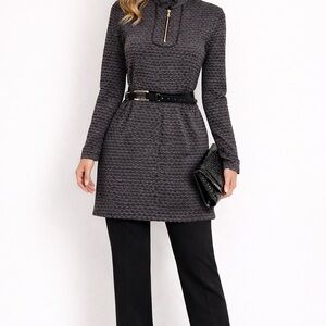 Etcetera Blue/Gray with Brown Leather Collar Long Sleeve Tunic & Belt